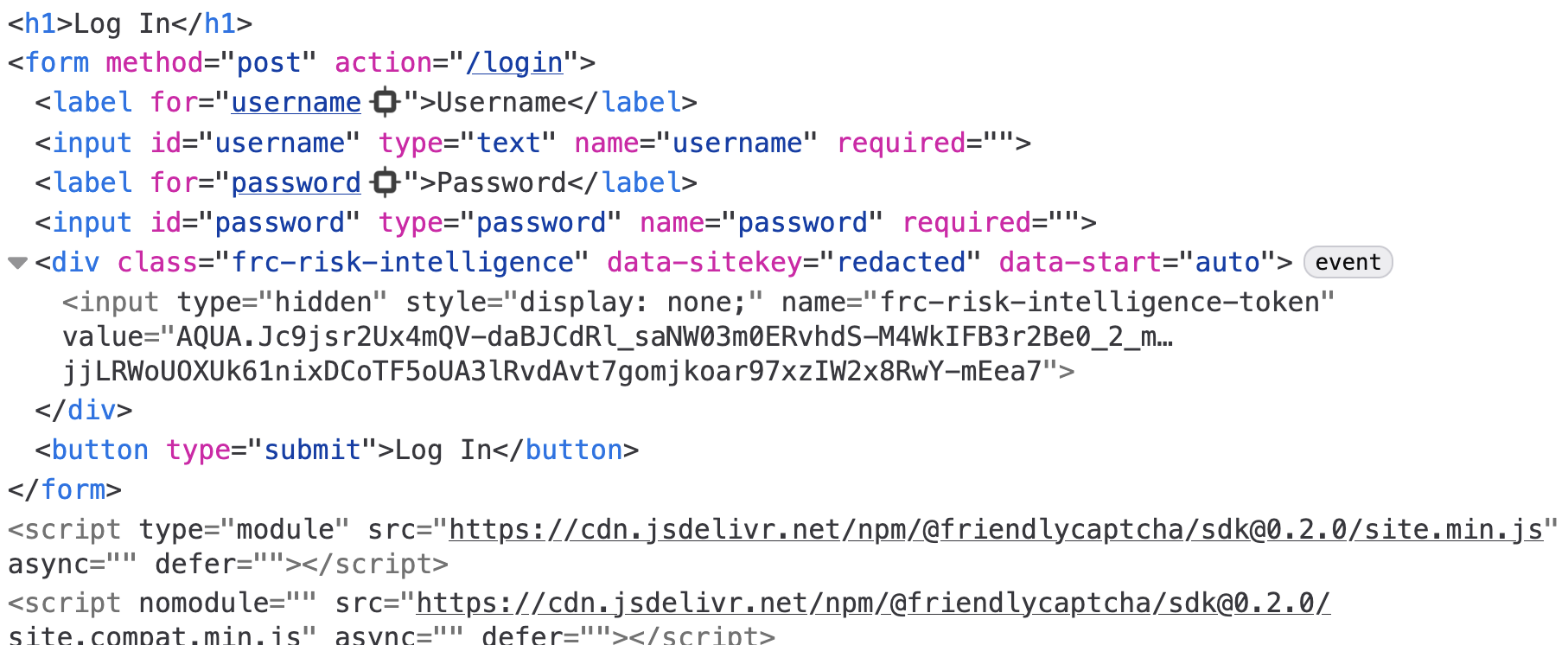 Developer tools inspector showing the hidden input element with Risk Intelligence token