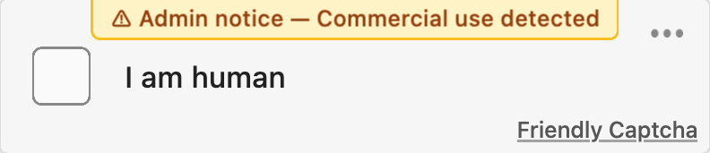 Screenshot of the Friendly Captcha widget warning for commercial use