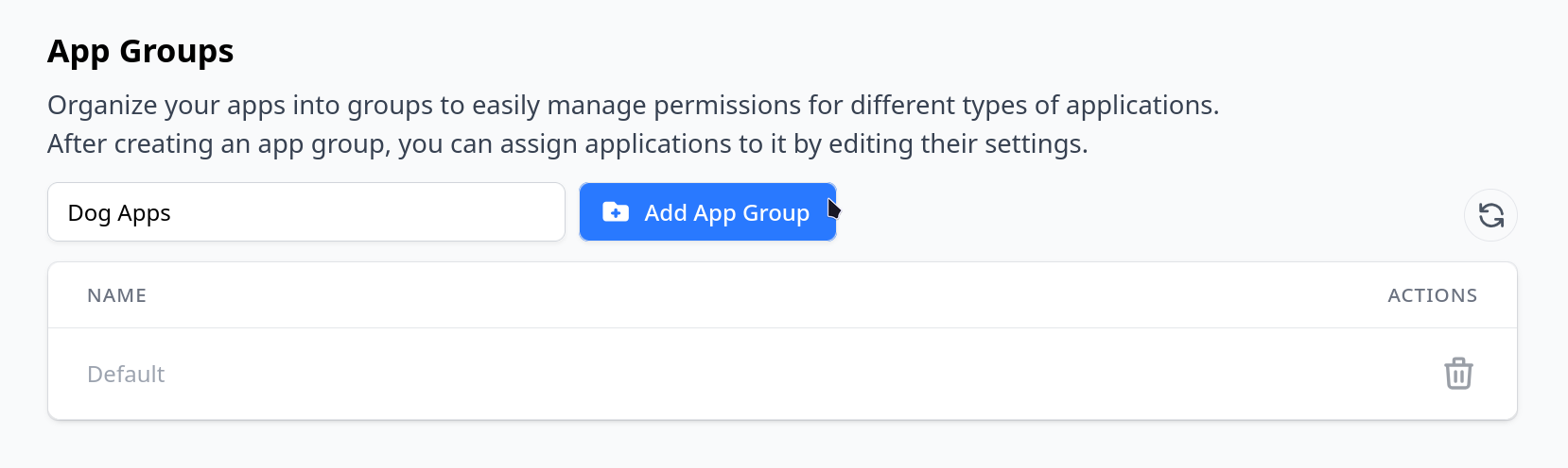 Screenshot of adding a new App Group