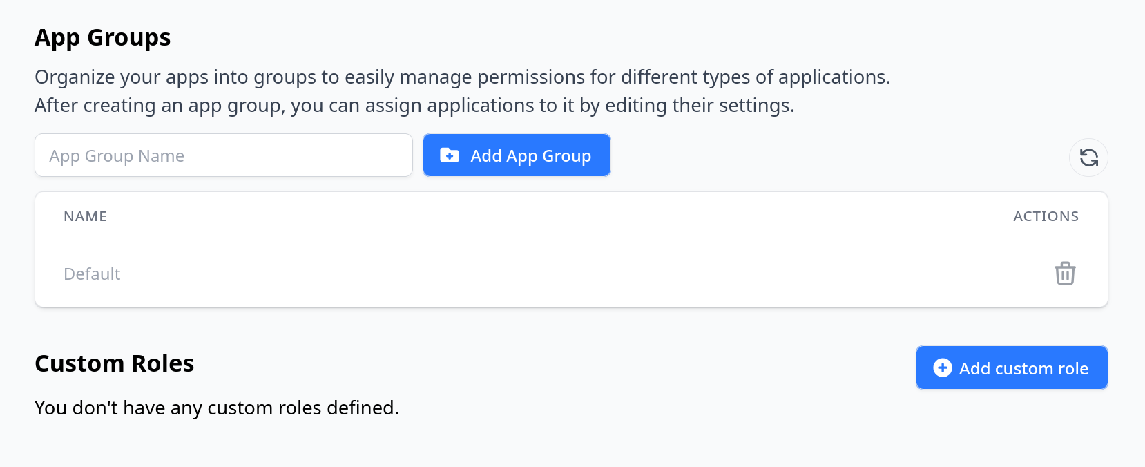 Screenshot of App Groups and Custom Roles settings