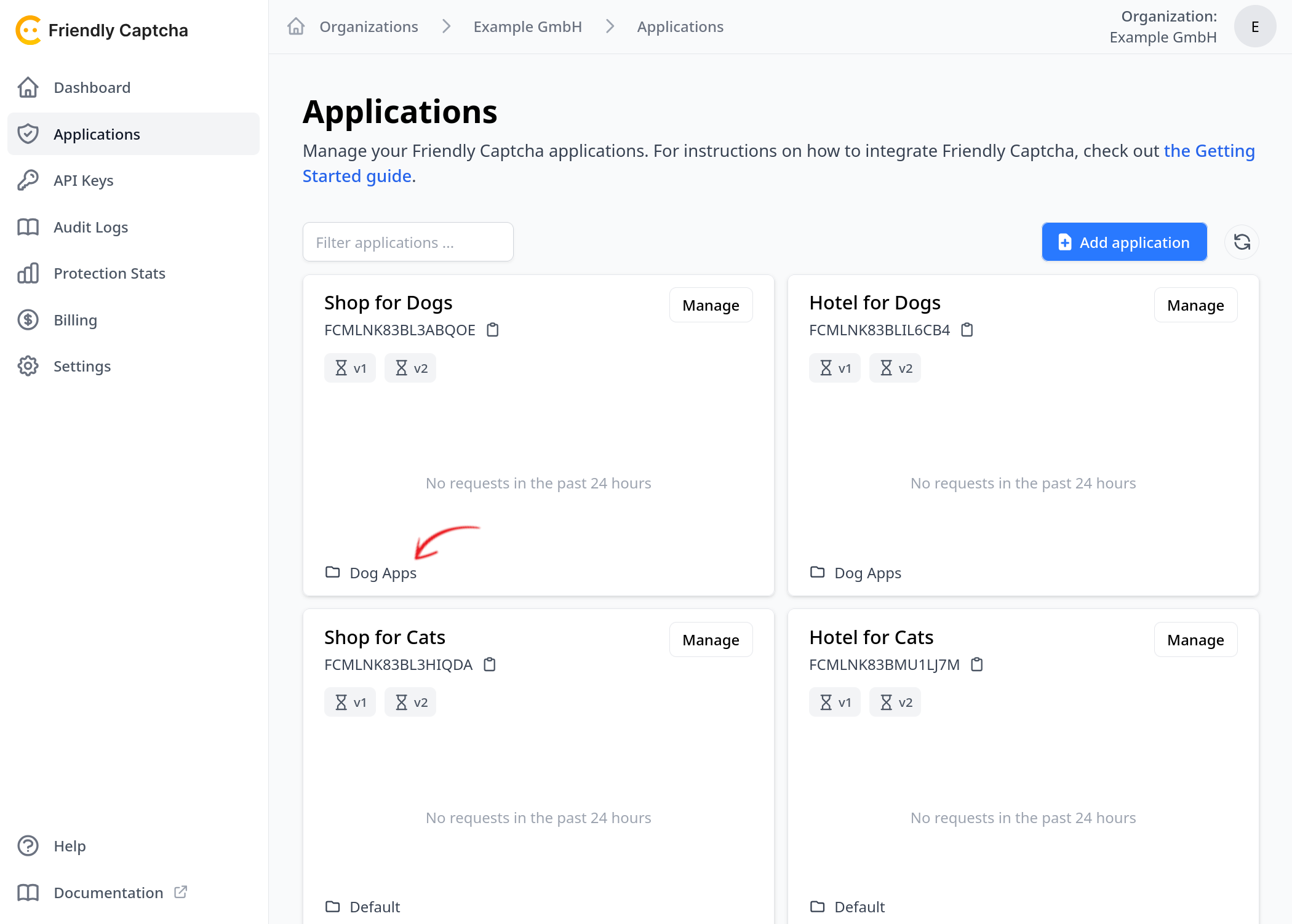 Screenshot of the Applications page