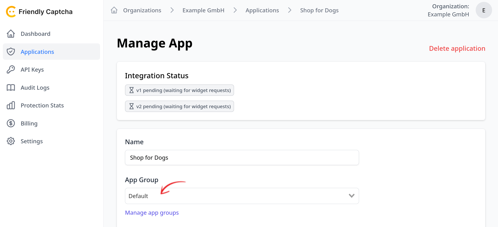 Screenshot of the Manage App page