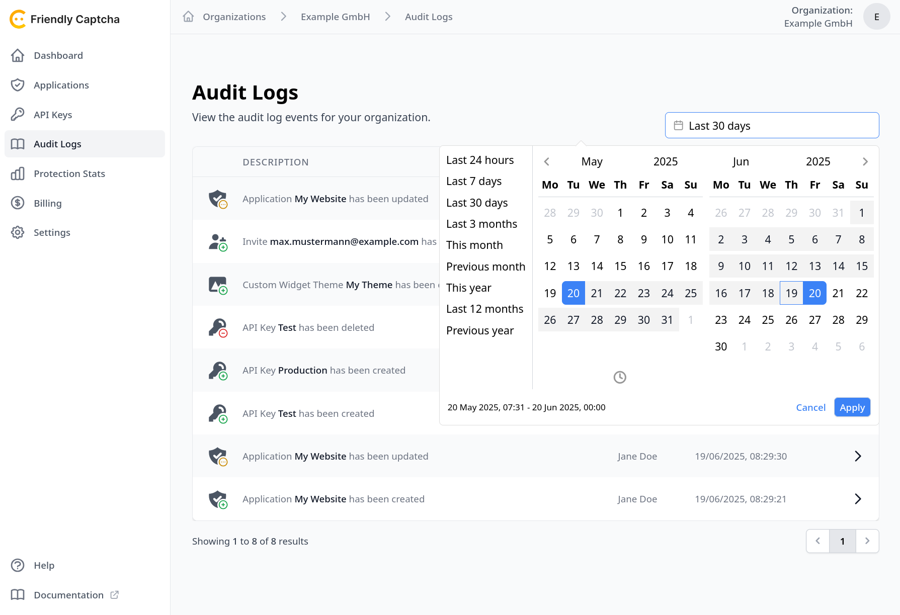 Screenshot of Audit Logs date selector
