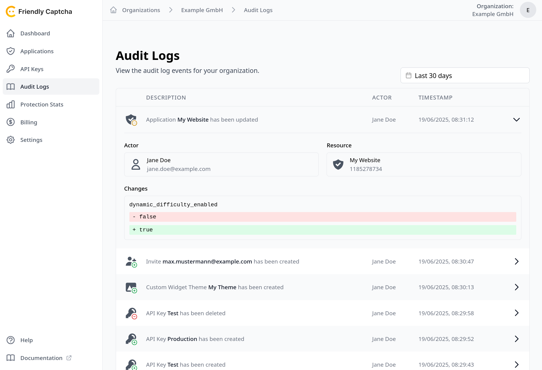 Screenshot of the details for an Audit Logs entry
