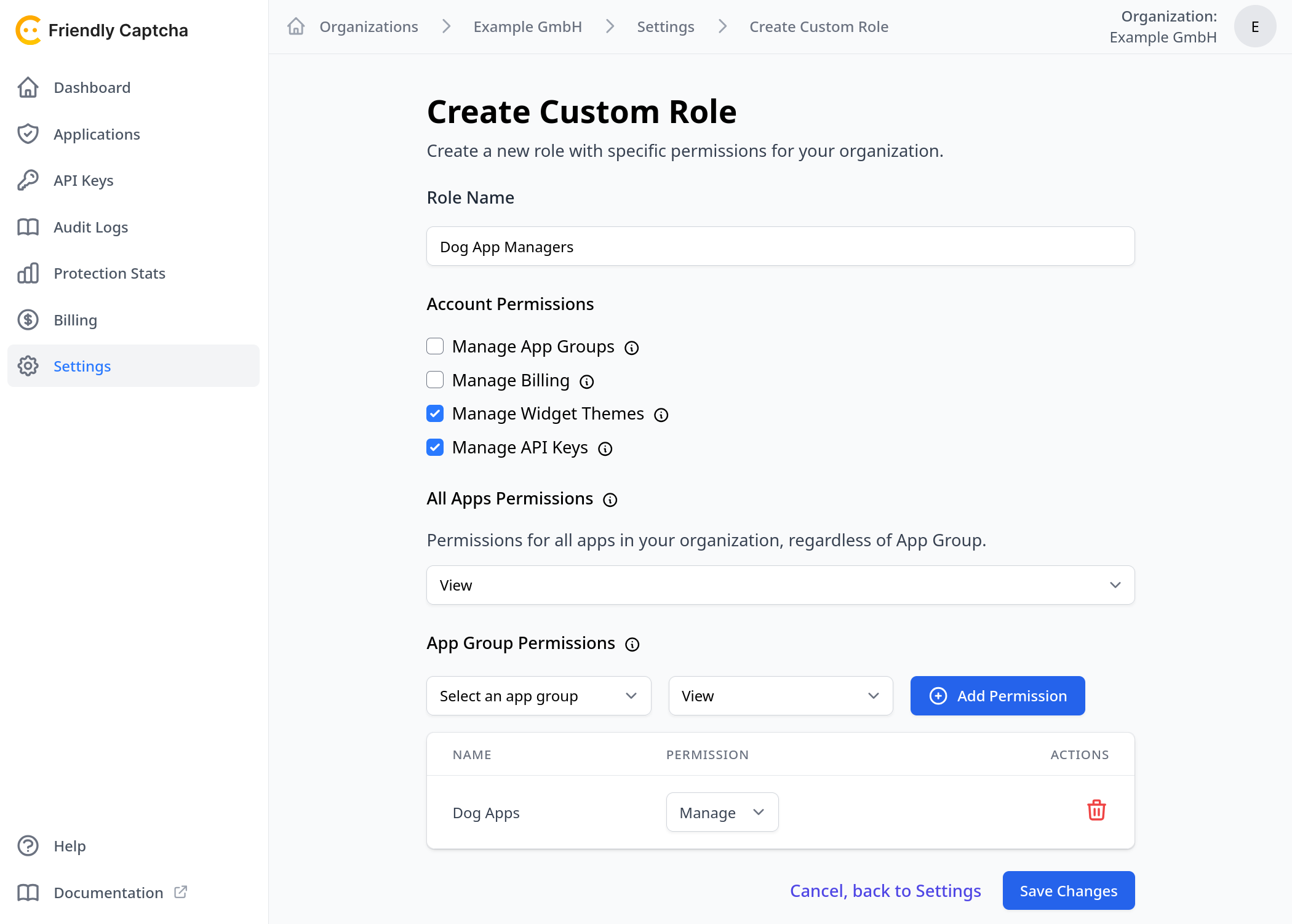 Screenshot of the completed Custom Role form