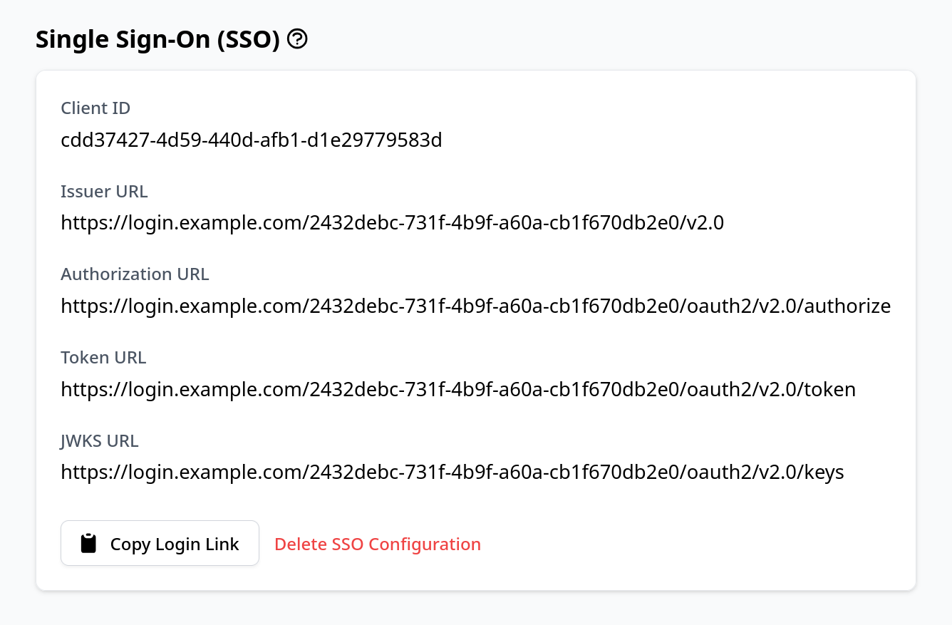 Screenshot of single sign-on button to copy the login link