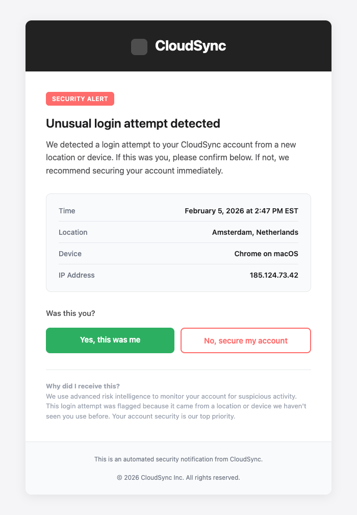 Example of a Risk-Based Authentication email
